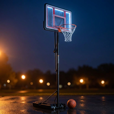 4.76 Ft. to 10 Ft. Black Metal Portable Basketball Hoop Height Adjustment with LED Lights