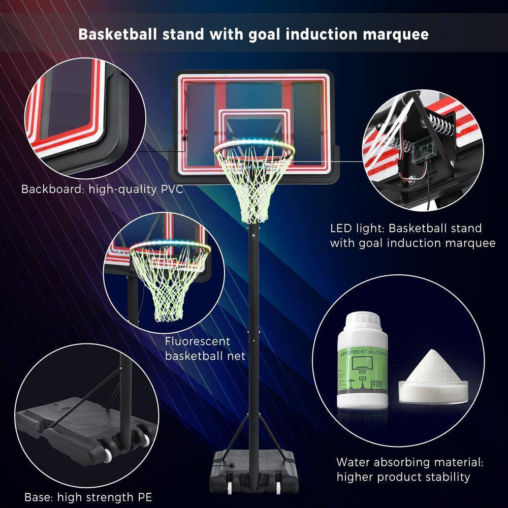 4.76 Ft. to 10 Ft. Black Metal Portable Basketball Hoop Height Adjustment with LED Lights