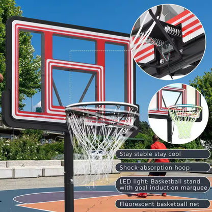 4.76 Ft. to 10 Ft. Black Metal Portable Basketball Hoop Height Adjustment with LED Lights