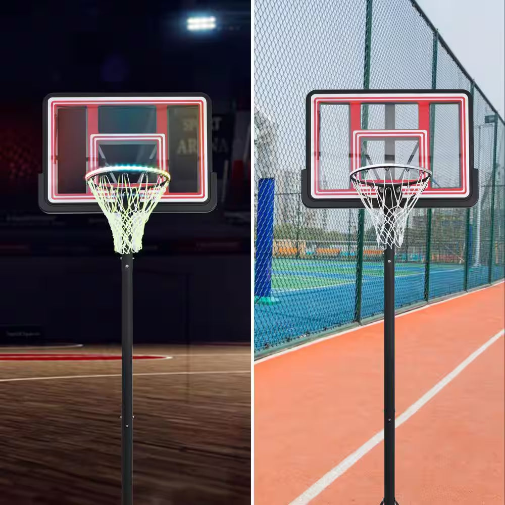 4.76 Ft. to 10 Ft. Black Metal Portable Basketball Hoop Height Adjustment with LED Lights