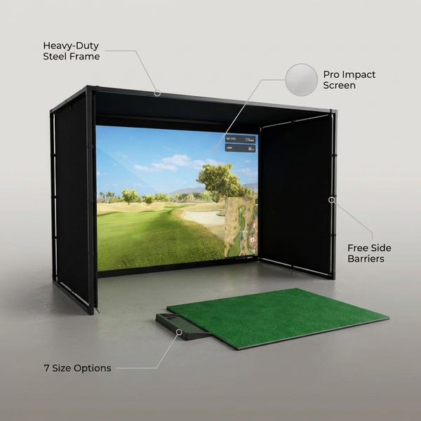 Simbox Golf Simulator Enclosure - 7 Sizes, Pro + Impact Screen and Frame INCLUDES FREE SIDE BARRIERS